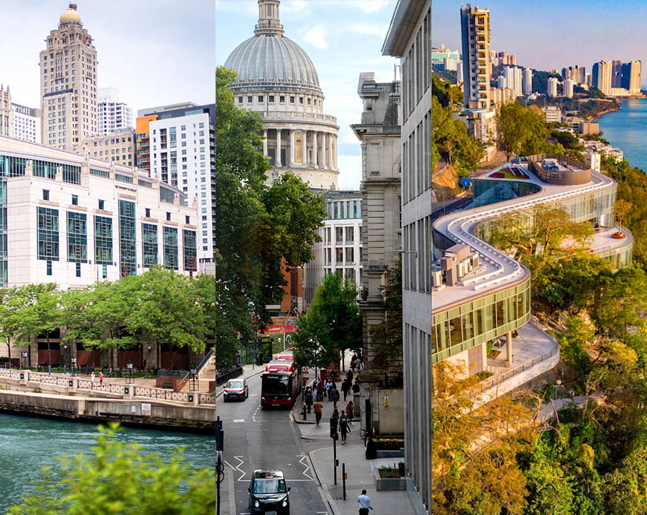 Three images of Booth's Chicago, London, and Hong Kong campuses.